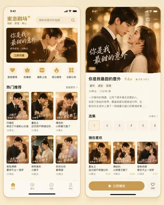 小短剧APP - 甜蜜短剧随身看 小短剧APP界面预览:甜宠短剧卡片式首页